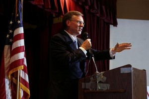 Baldwin, addressing the crowd in Encinitas