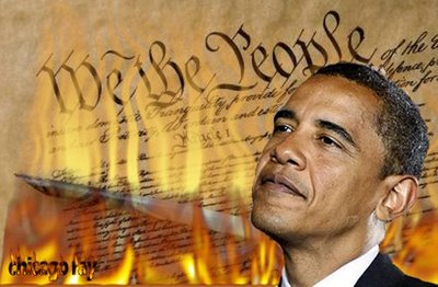 President Obama looks on approvingly as the Constitution burns