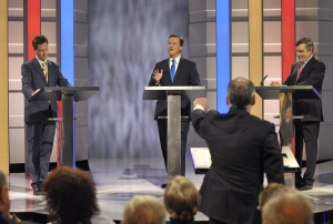 Nick Clegg (Lib Dem), David Cameron (Con.) and Gordon Brown (Lab.) debate in 2010
