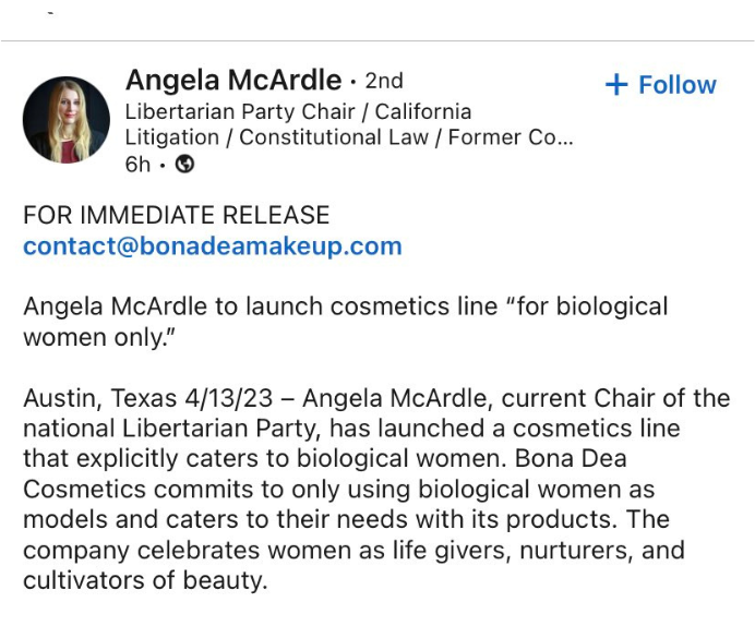 A screenshot of Angela McArdle's LinkedIn account, dated 4/13/2023.
